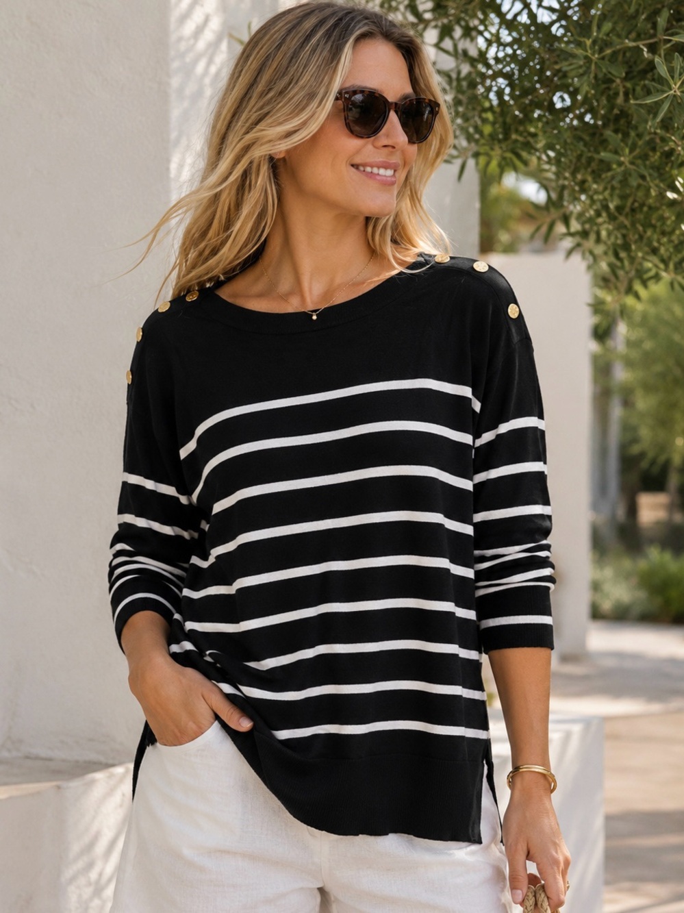 Anne Klein Black & White Striped Long-Sleeve Top with Gold Buttons